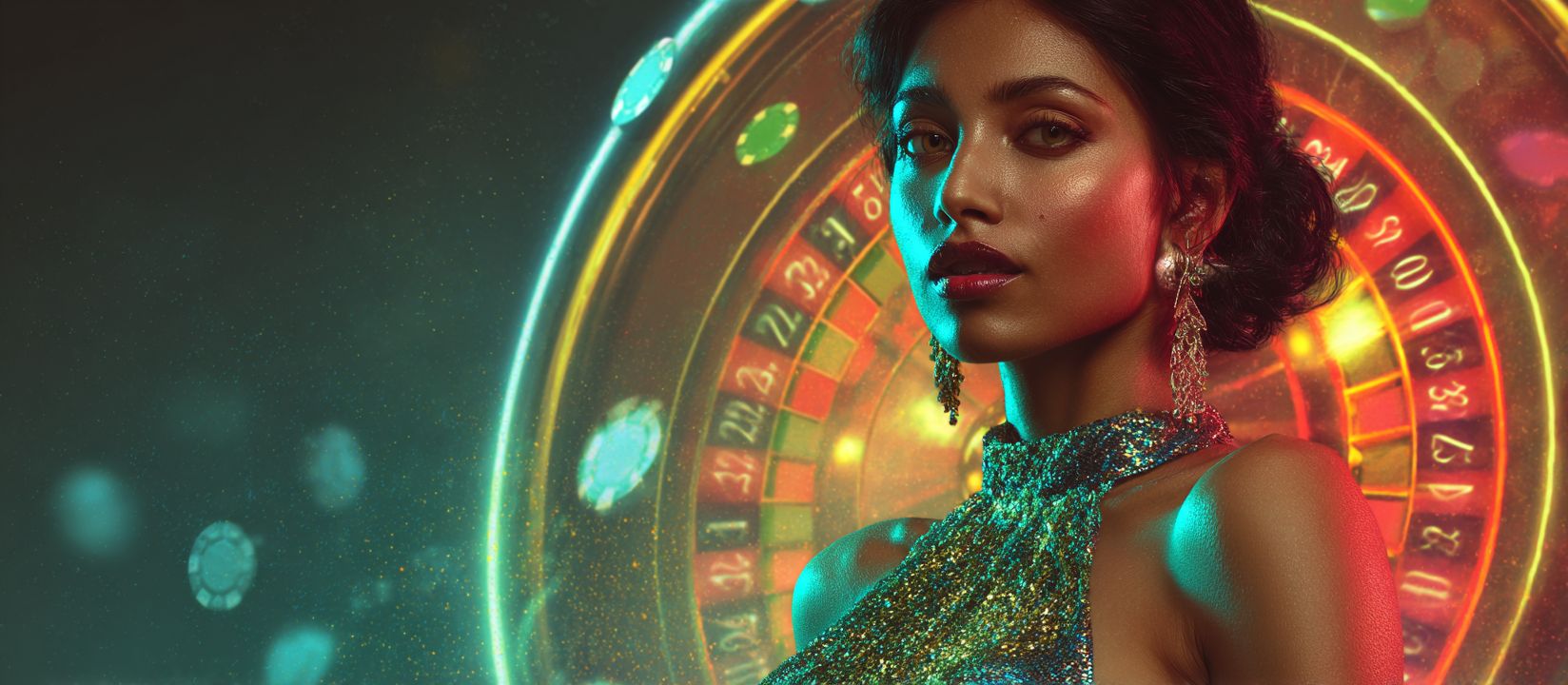 Elegant woman in a glittering dress posing in front of a roulette wheel at 111VIP Casino, symbolizing luxury and excitement of online gaming
