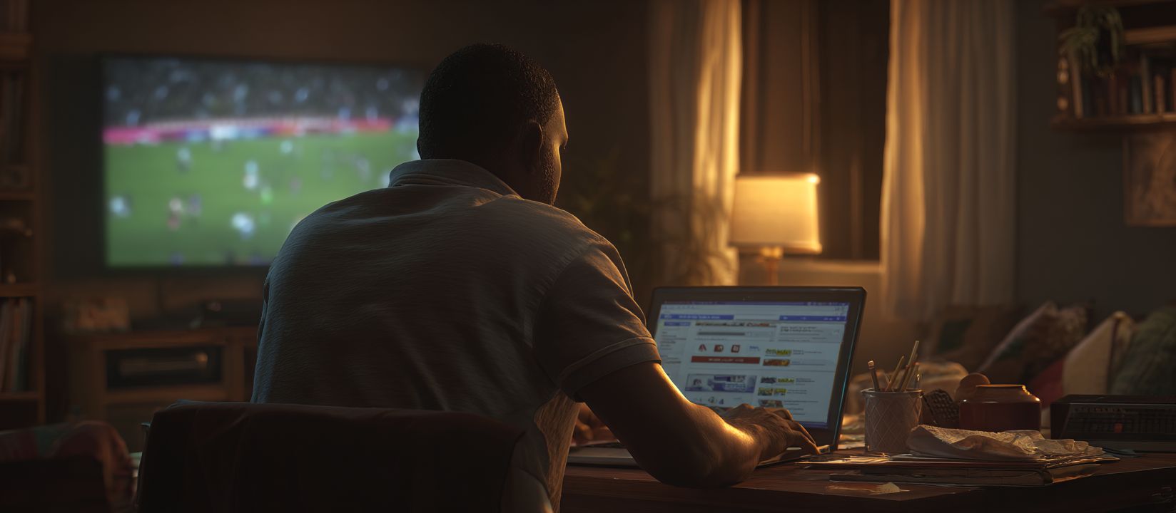 Man watching live football match while placing online bets on his laptop at 111VIP Bet platform